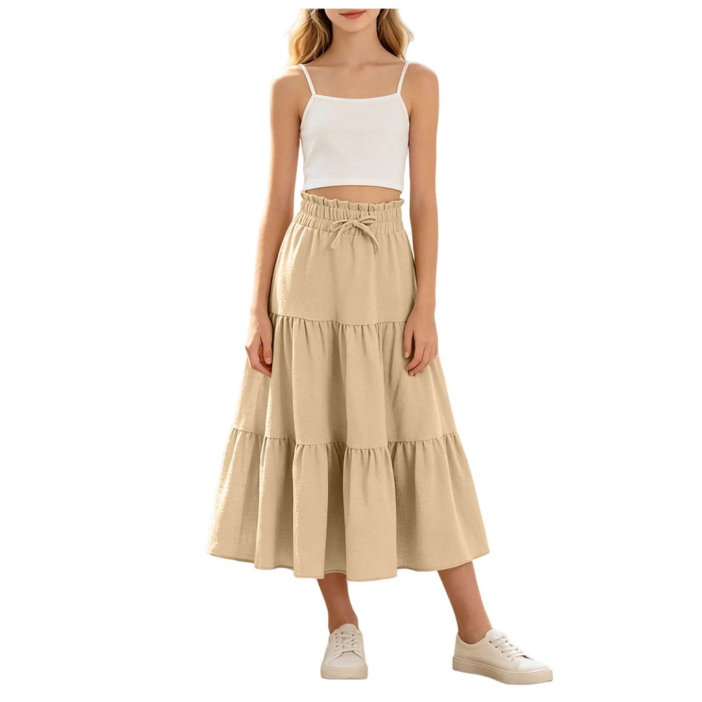 Kids Girls Boho Pleated Long Skirt Summer Solid Elastic Waist Lightweight Large Swing Skirt Casual Beach Holiday Vacation
