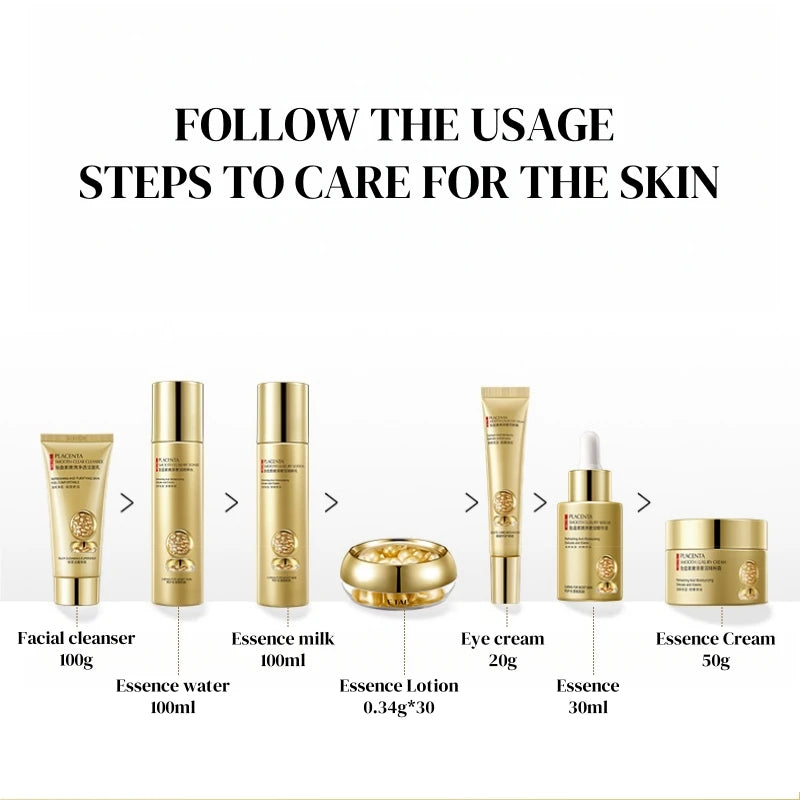 Placenta Skin Care Seven-Piece Set, Rich in Placenta Essence, Moisturizing Skin Care Products, Hydrating, Nourishing, and Refreshing, the Set Includes Facial Serum, Eye Cream, Face Cream, Facial Cleanser, Essence Cream, Suita