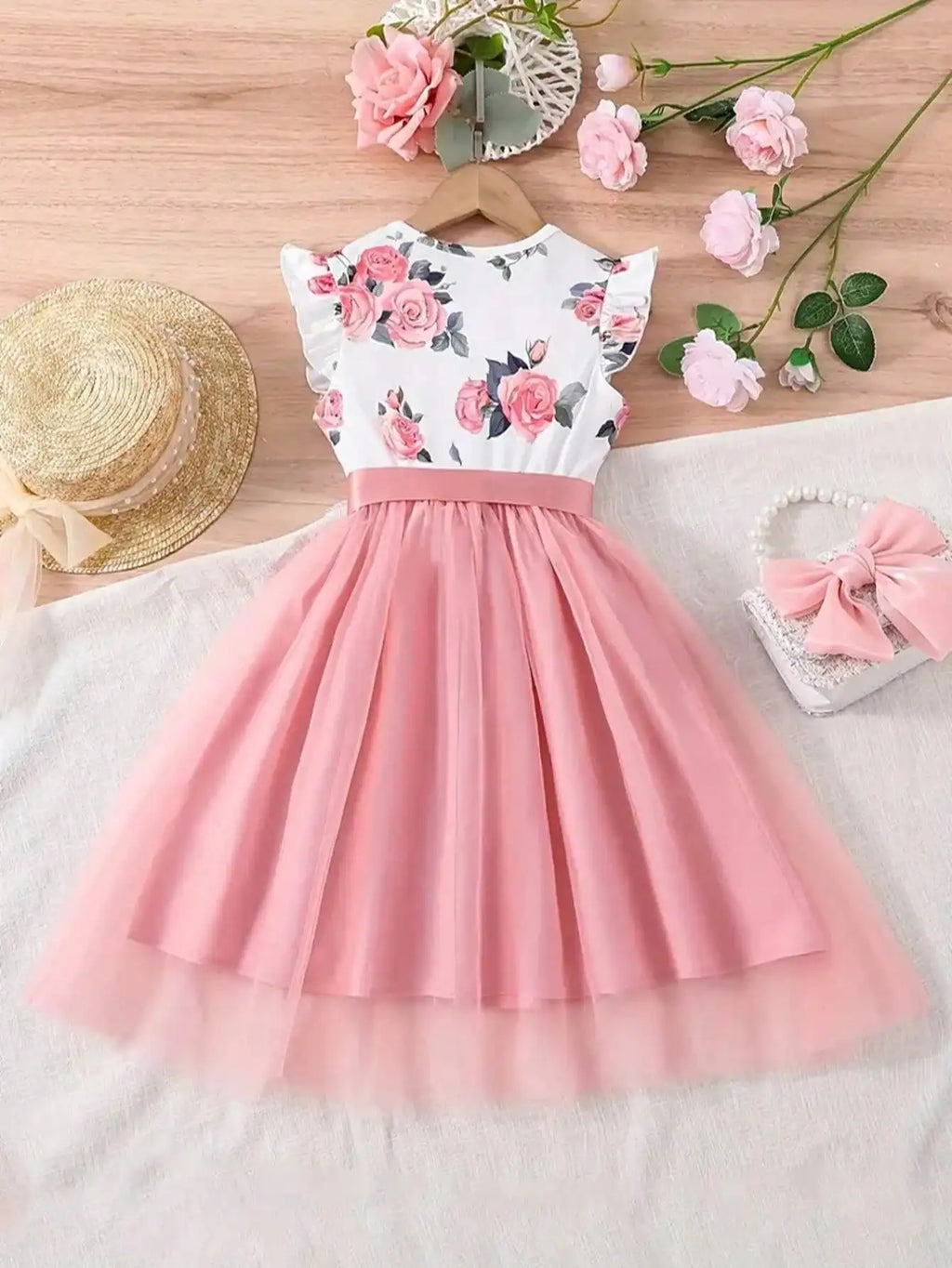 Summer 2026 Children's & Women's Cute Plush Dress with Small Flying Sleeves Round Neck Print Design New Collection