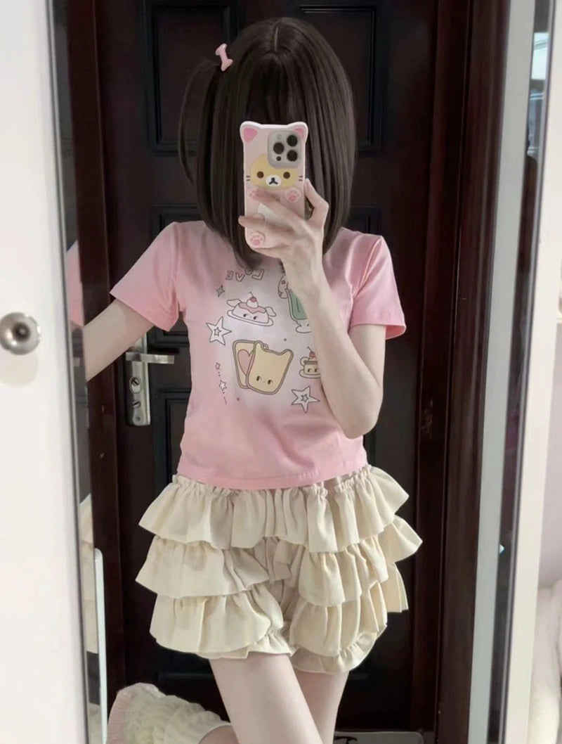 Pastel Tiered Ruffle Mini Skirt with Built-in Bloomer Shorts Layered Frill Skort Women Soft-Girl Kawaii Lolita Jirai Kei Sukapan