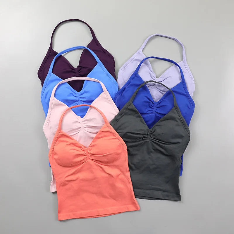 No Logo Longline Strappy Top Women Seamless Yoga Tank Top Ruched Backless Gym Clothes Workout Sleeveless Shirt With Built In Bra