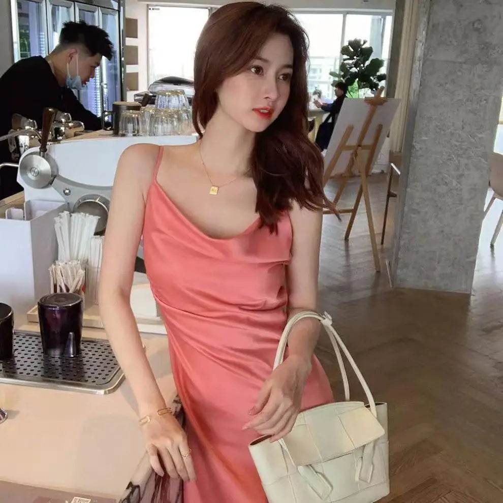 Slimming A-Line Midi Dress Women's Summer 2026 New Style Drapey Strapless Gown Gentle Wind Long Dress Polyester Solid Color