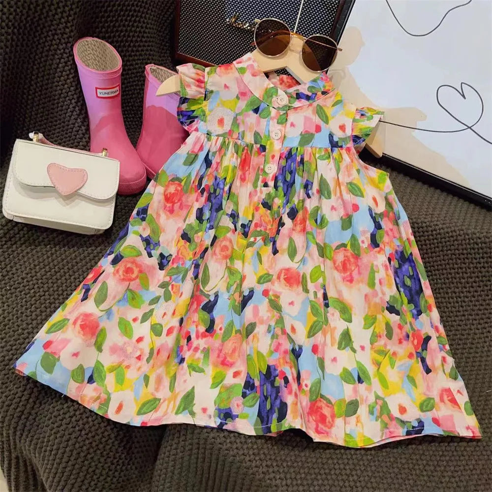 Girls' Floral Ruffled Sleeveless Dress | Casual Summer A-Line