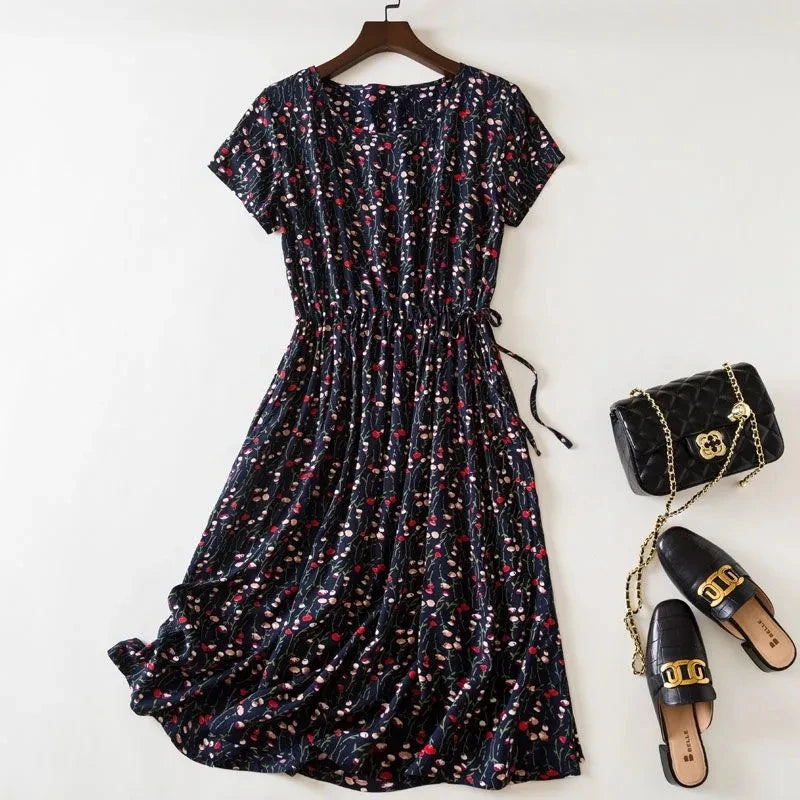 Cotton Silk Dress Women's Short Sleeved 2026 Summer New Ladies Slim Round Neck Temperament Beach Print Dresses