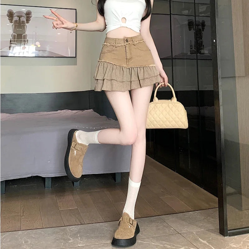 Fashion 2025 New Denim Patchwork Ruffle Denim Skirts Women Summer Retro High Waist Slim Skirts Woman
