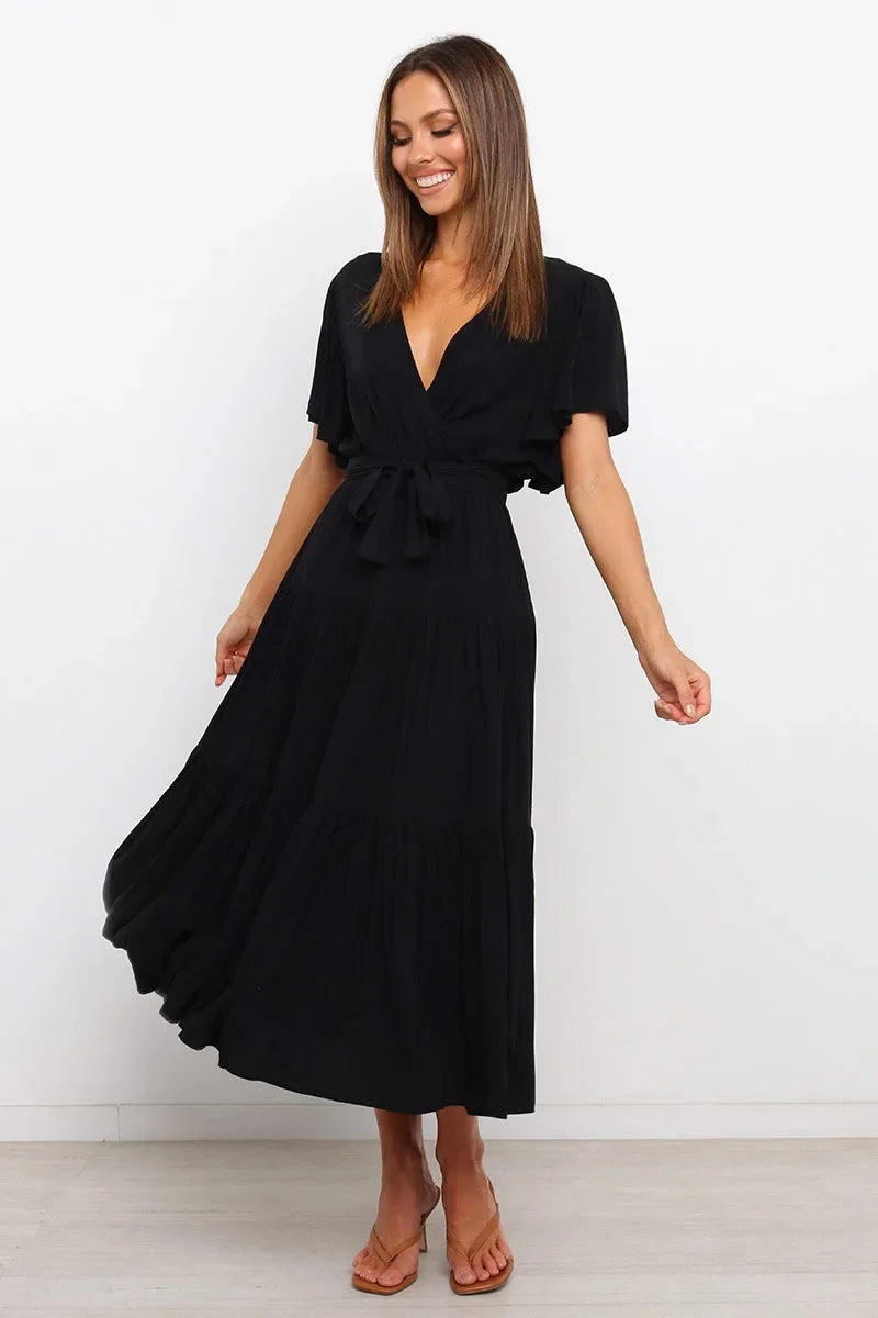 Summer Bohemian Long Dress Pure Color V-Neck Short Sleeve Empire Waist Design Floor Length with Belt Loose Fit Women's Dress