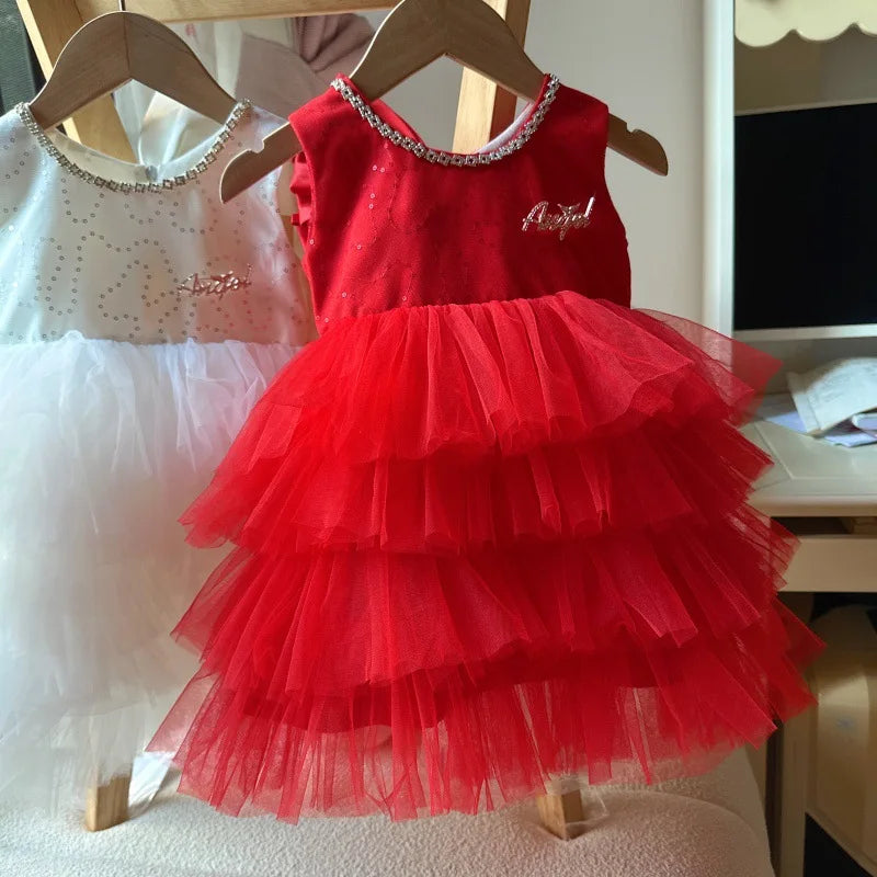 Baby Girls Sequin Tutu Dress for Kids Ruffles Layered Cake Birthday Party Gown Children Fashion Wear Sleeveless Formal Wear
