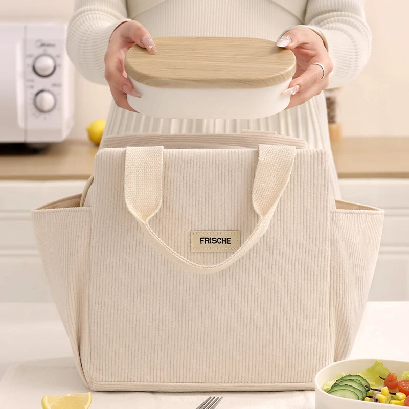 Bolsa de almuerzo de pana con aislamiento térmico, lonchera, bolso de mano, multifuncional, para niños, escuela, enfriador, bolsa de picnic, bolsa de comida