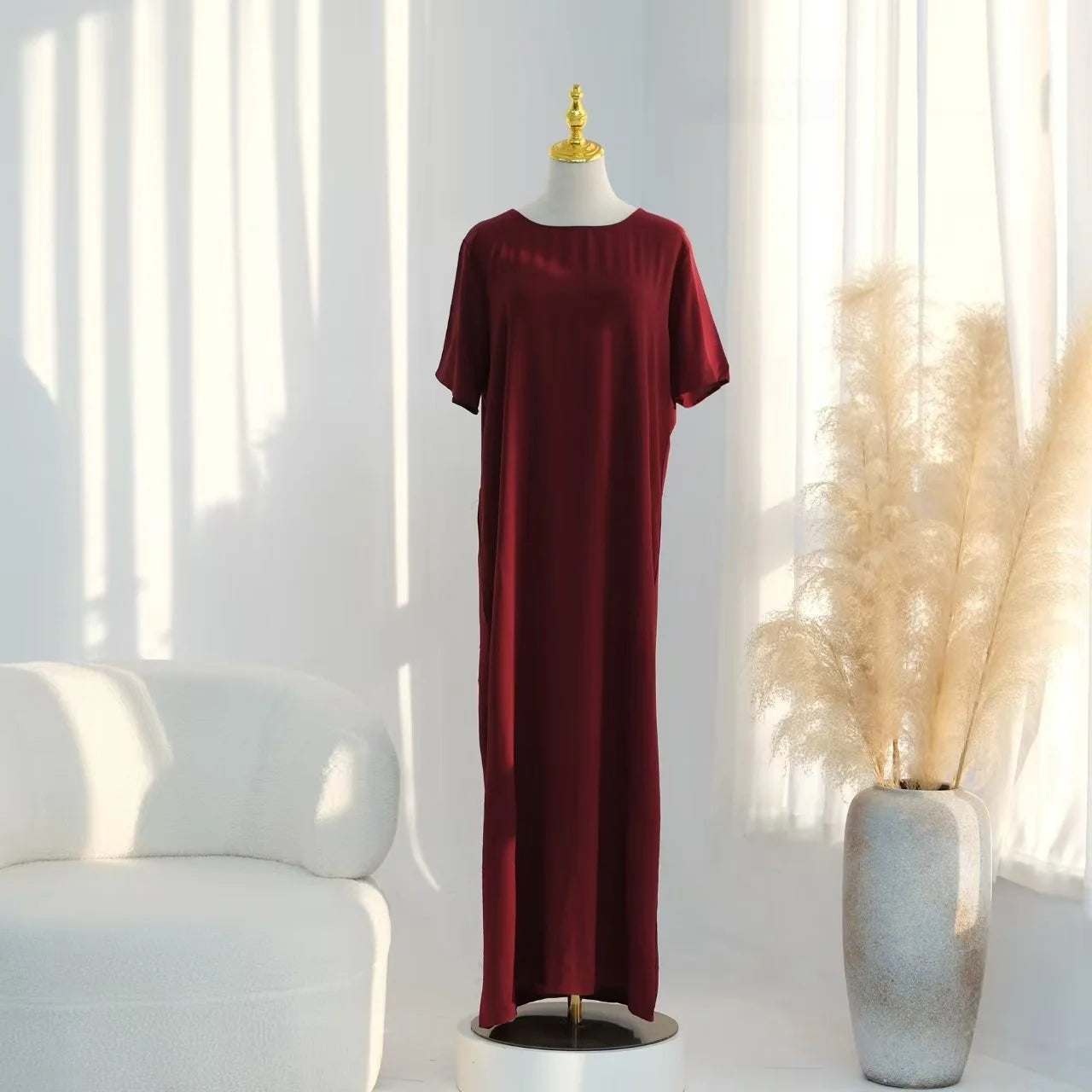 Fashionable  Color round Neck Short Sleeve Long Dress Inner Wear Dress Ethnic Style New Arrival High Waist Polyester Fabric