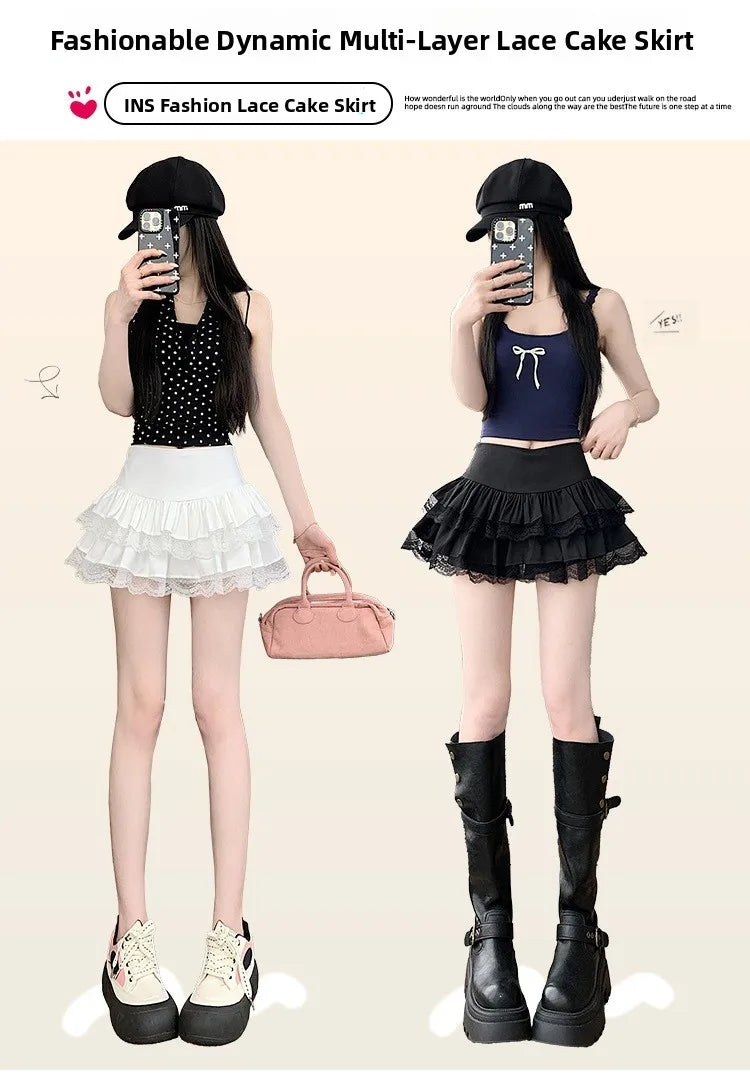 Pure Desire Lace A-Line Mini Skirt High Waist Puffy Sweet Style Short Cake Skirt Cotton Blend Fabric Summer Women's Dress