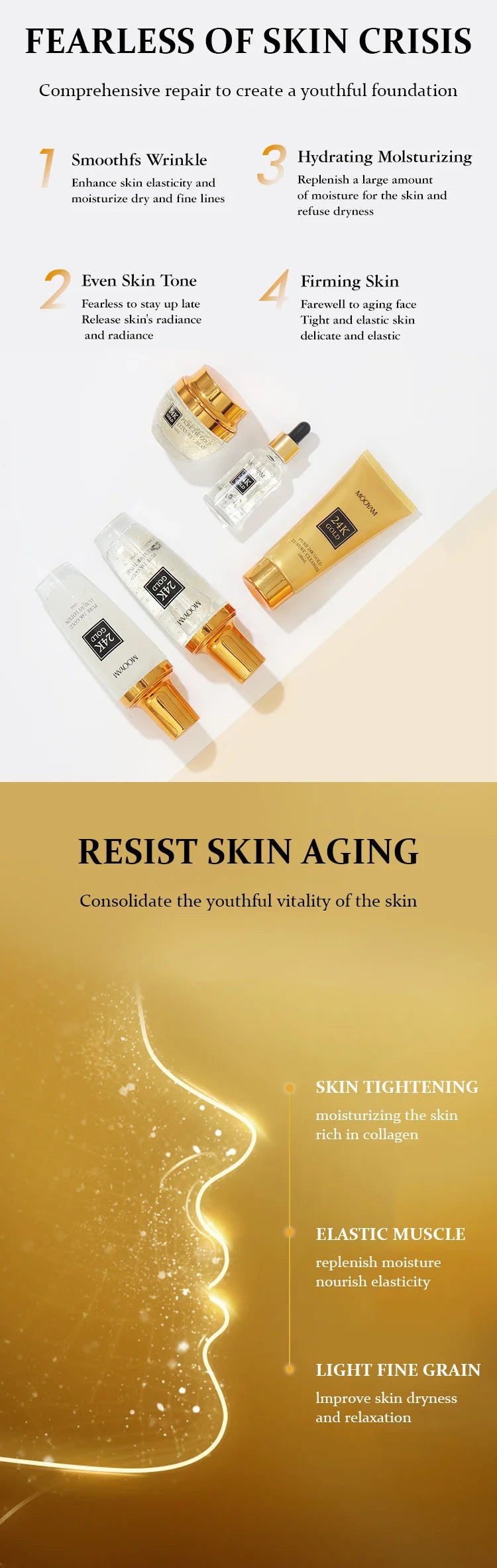 24K Gold LUXURY Moisturizin Anti-Wrinkle Set Reduces Fine Lines Repairs Skin Hydrates Brightens Anti-Aging Firming Skin care