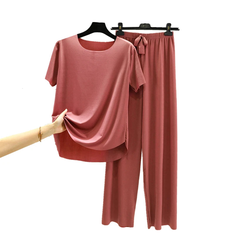 Women's Ice Silk Two-Piece Set - Round Neck T-Shirt and Loose Pants