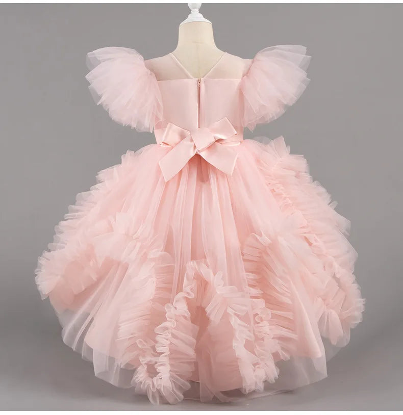 HETISO Girls Elegant Trailing White Dress Flower Appliques Kids Weddings Birthday Party Gown