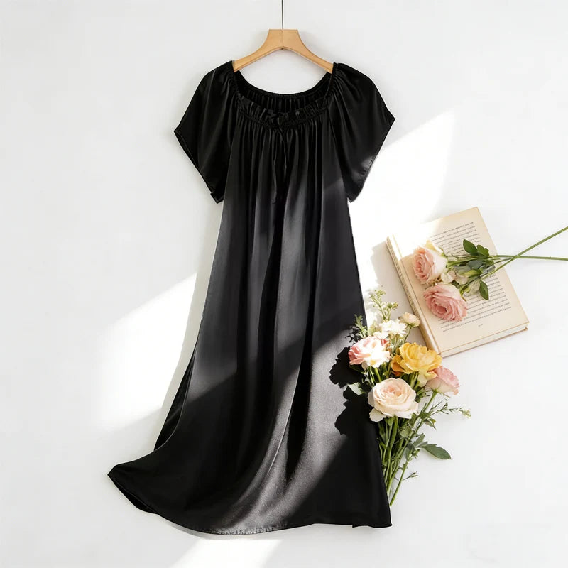 Women's Summer Casual Clothing 100% Natural Mulberry Silk Plain Satin Loose Short Sleeved Solid Color Princess Nightdress