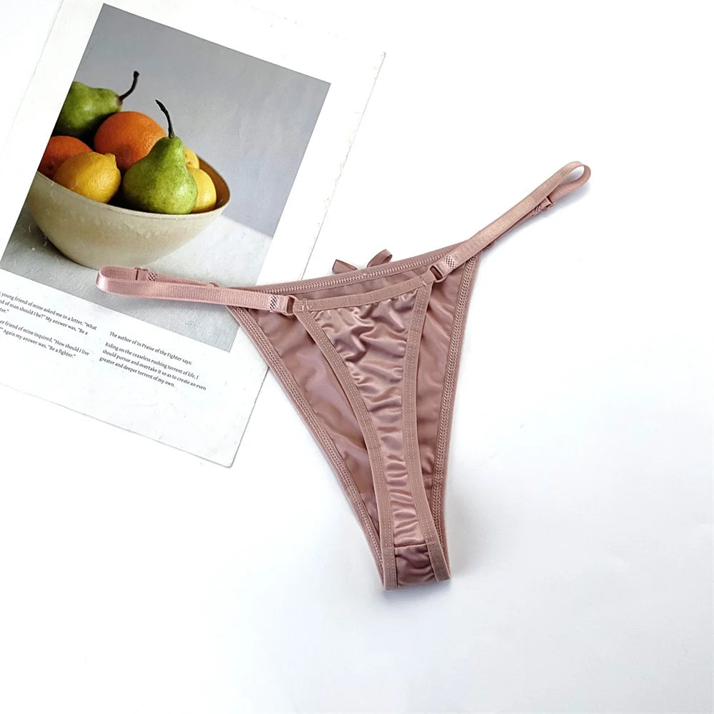 3PCS/Set Glossy Satin Pink Thong Adjustable Low Waist Women Smooth Silk G-string Sexy Plus Size Panty Set Underwear