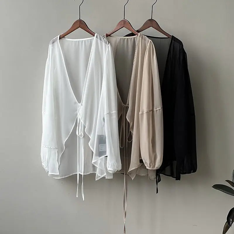 Shirts Women V-neck Loose Long Sleeve Open Stitch Korean Style Lace-up Simple Solid Summer Chiffon Breathable Minimalist Stylish