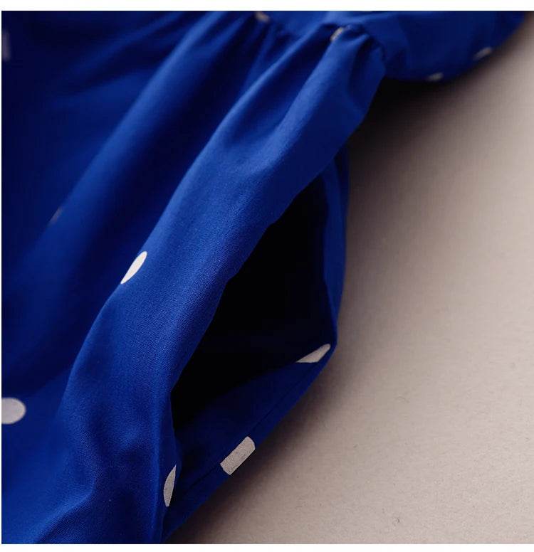 High-End Blue Pure Cotton Floral Print Dress Women's Summer 2025 round Neck Long Dress Polka Dot Skirt Comfortable A-Line