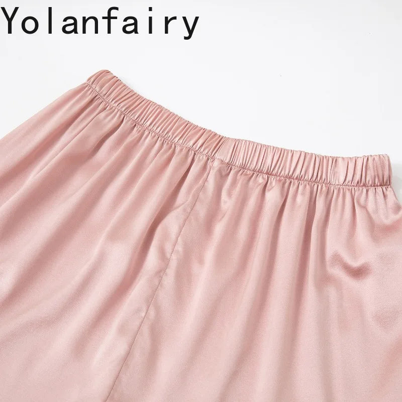 YOLANFAIRY 93% Real Mulberry Silk Pajamas for Woman 2026 Spring Summer High-end Sets Woman 2 Piece Short Sleeve Pijamas De Mujer