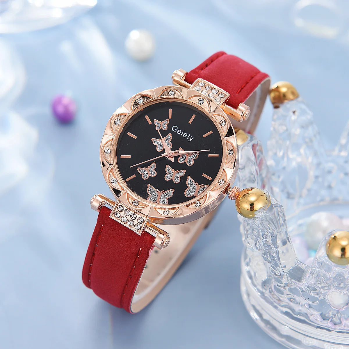 Butterfly Jewelry Set For Women Elegant Leather Watch Ring Necklace Earrings Bracelet Wedding Gift