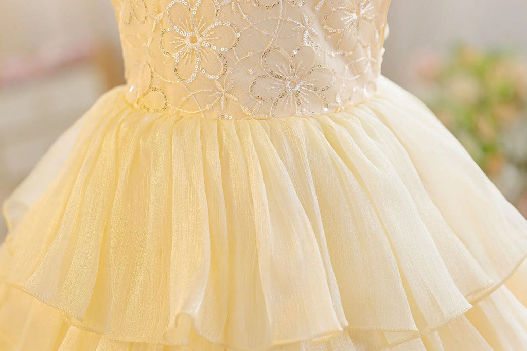 HETISO Baby Girls Summer New Version Layered Dresses Children's One Year Princess Sequined Pink Wedding Party Ball Gown 1-5Y