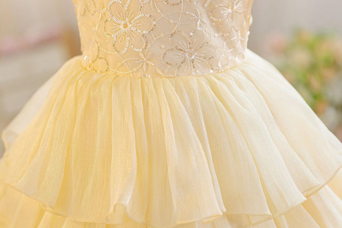 HETISO Baby Girls Summer New Version Layered Dresses Children's One Year Princess Sequined Pink Wedding Party Ball Gown 1-5Y