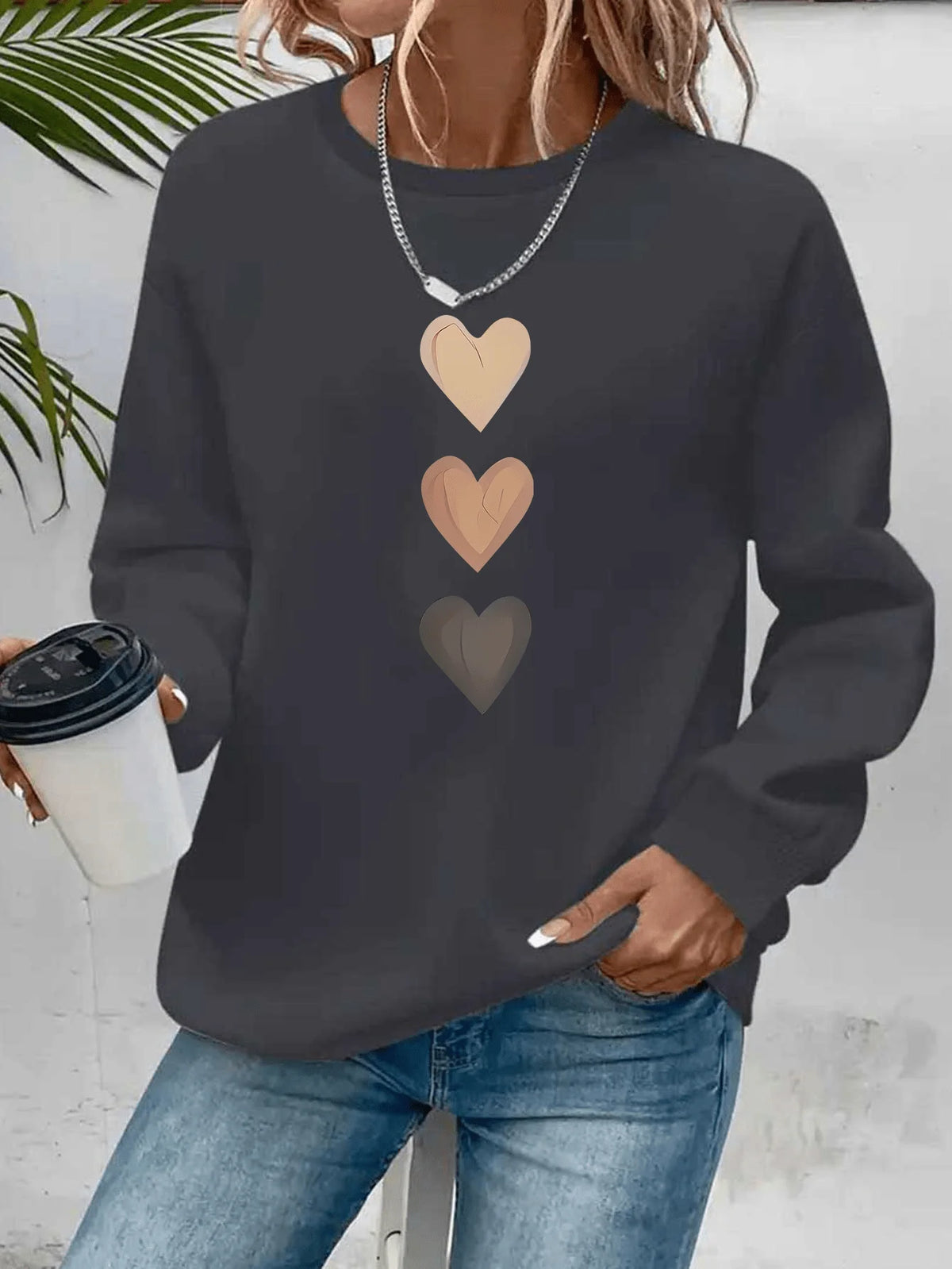 Women's Casual Heart Print Pullover Sweatshirt - Long Sleeve Knit