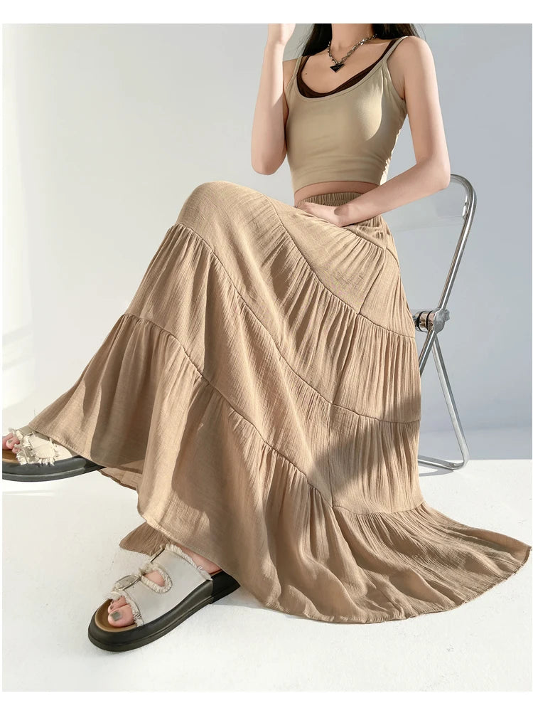 linen patchwork skirt for women in summer, high waist, medium length cake skirt, elegant umbrella skirt, slimming long skirt