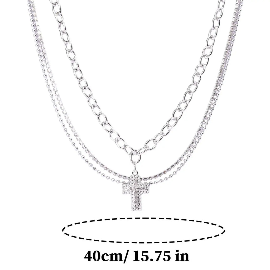 Y2K Rhinestone Cross Pendant Necklace Double Layered Silver Color Chain Choker Gothic Necklaces Party Jewelry Women Accessories