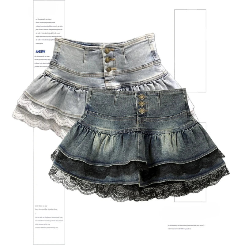 Vintage Denim Pleated Skirt Woman LaceDesign A-line Y2k Mini Skirt Streetwear  American Spicy Girl Korea Fashion Hotsweet