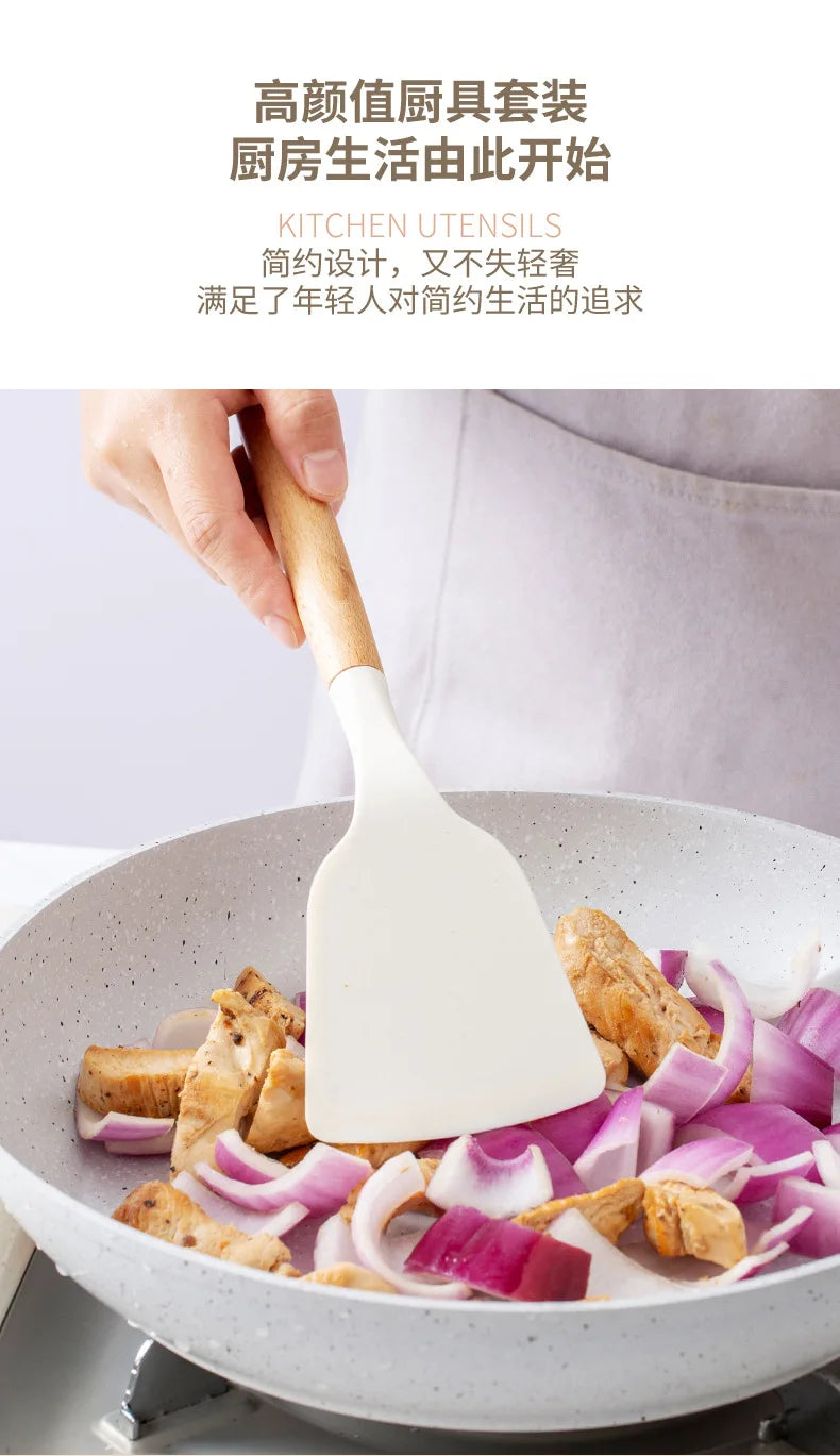 2/12Pcs White Silicone Kitchen Utensils Set with Wooden Handle,Cookware Spatula, Heat Resistant Non-stick Kitchen Cooking Tools