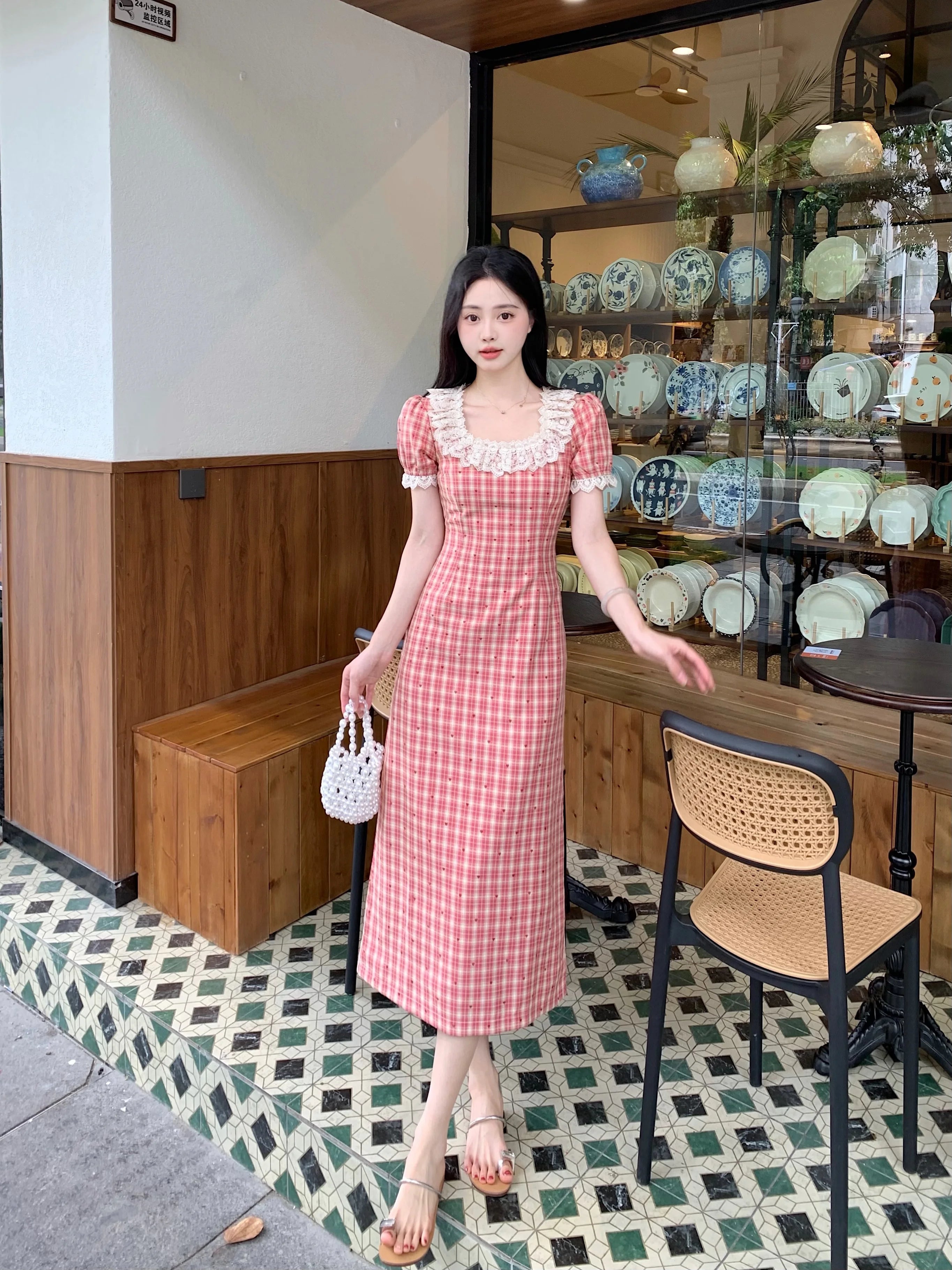 Plus Size Red Plaid A-Line Dress | High Waist Lace Trim Korean Style