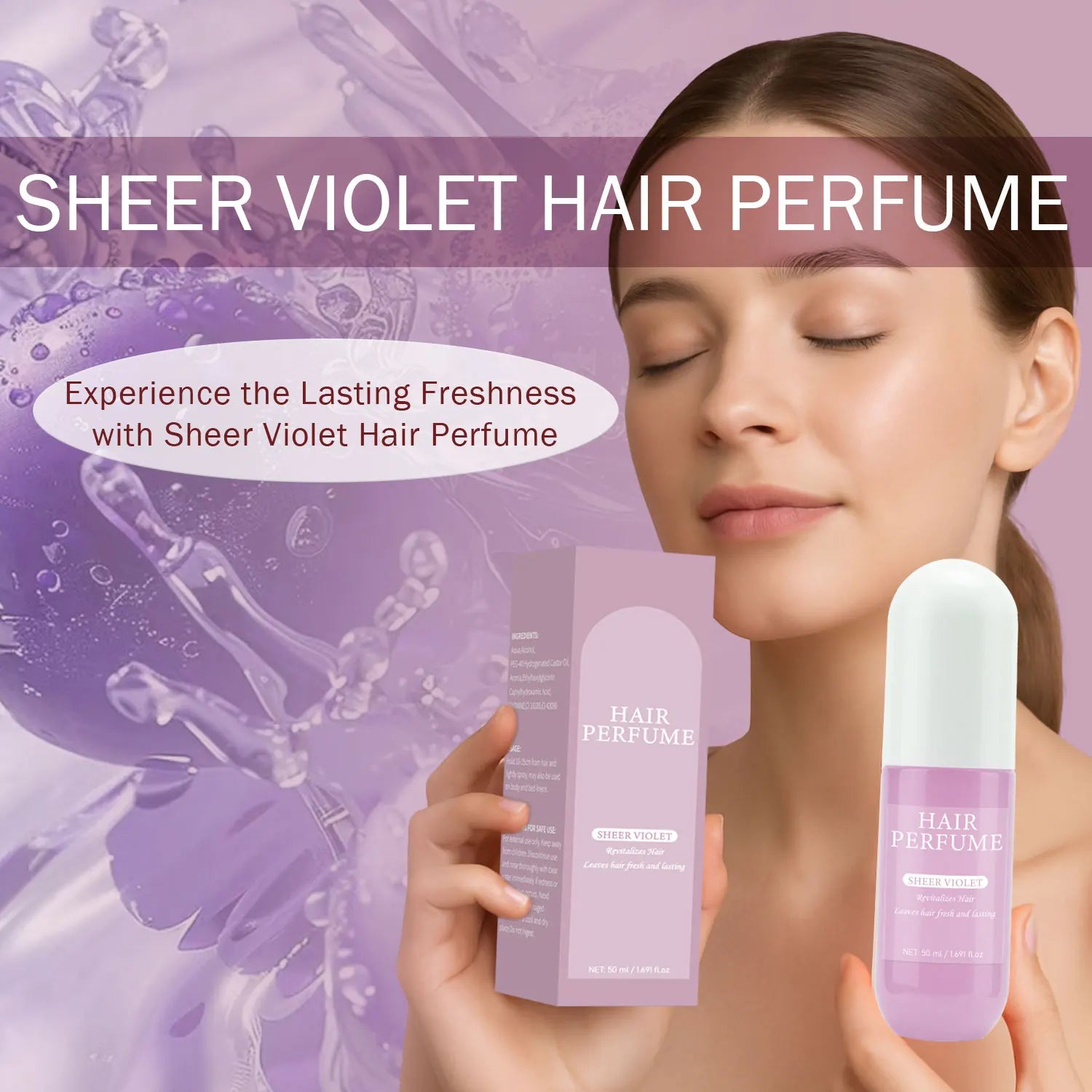 50ML Sheer Violet Hair Perfume for Women Clean Deodorizing Hair Spray & Body Mist Freshen Hair Body & Pillows Soft Musk Scent