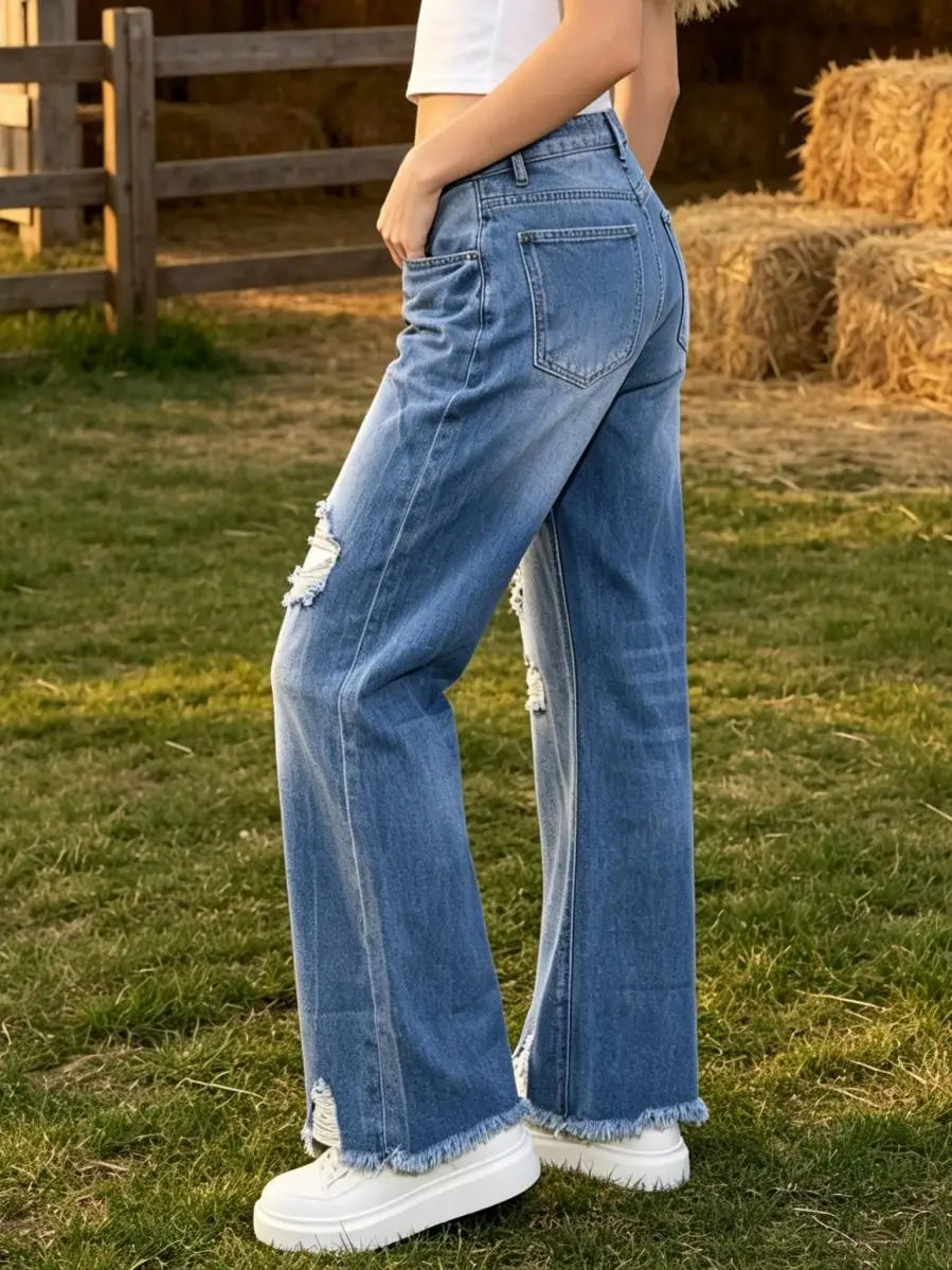 【HME】Jeans | Women Big Ripped Frayed Flare Denim Pants, Mid‑High Waist Light Blue Washed Jeans, Knee Shredded Distress, Irregular Frayed Raw‑Edge Hem, Flare Leg Modify Calf, American Retro Street Style, Slim‑Fit Uni