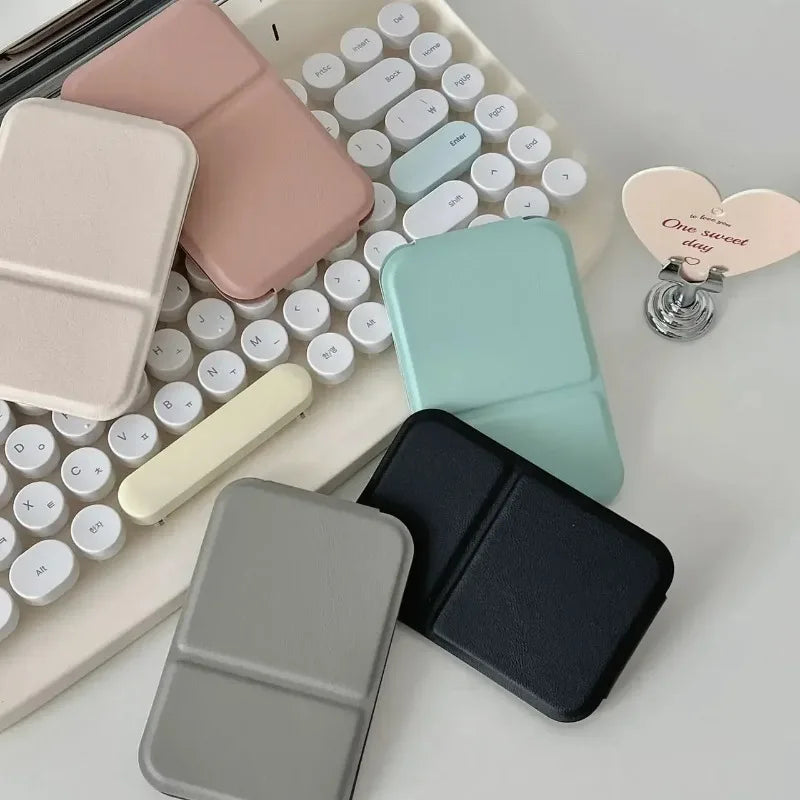 Desktop Makeup Mirror Foldable Portable PU Leather Compact For Students With Cute Solid Color
