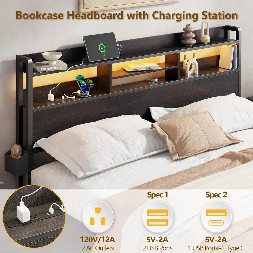Furnulem King Size Bed Frame with 2 Drawers and Storage Headboard Black | Charging Station,USB Port, RGB LED Lights, 2 Tier Shel