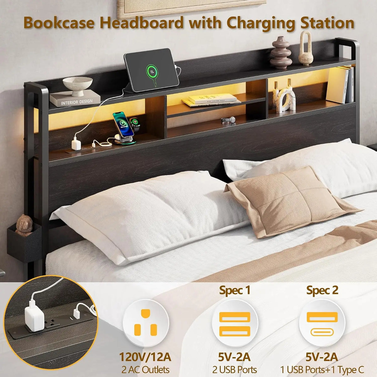 Furnulem King Size Bed Frame with 2 Drawers and Storage Headboard Black | Charging Station,USB Port, RGB LED Lights, 2 Tier Shel