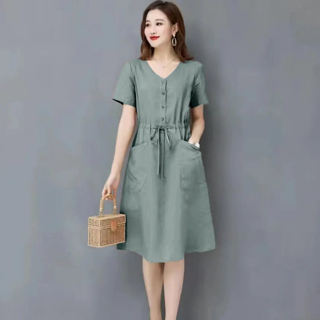 Elegant Cotton and Linen Women's Dress Draw String High Waist Breathable Midi Dresses Half Sleeve V-Neck A-Line Dress Summer