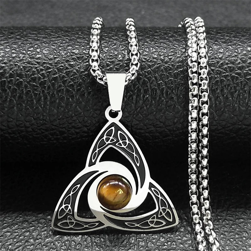 Viking Trinity Knot Necklace For Women'S Men Stainless Steel Tiger Eye Stone Irish Celtic Lucky Amulet Necklaces Jewelry N3806S02