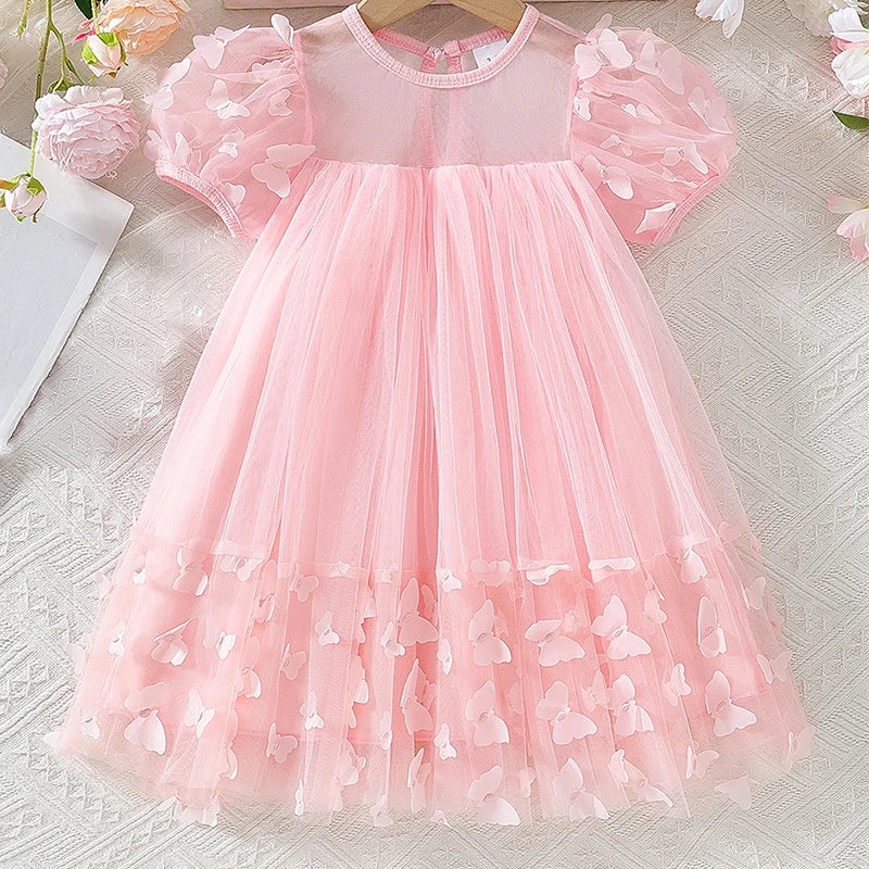 3-8Y Kid Girl Tulle Dress 3D Butterfly Short Sleeve Square Neck Mesh A-Line Dress for Spring Summer