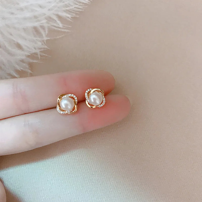 Upscale 14K Gold Jewelry Real Gold Earrings Zircon Pearl Twist Luxury Stud Earrings For Women'S Brincos Pendientes Bijoux