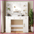 Makeup Vanity Desk with Mirror & Lights, 43" White Dressing Table, 3 Drawers, Power Outlet, RGB LED
