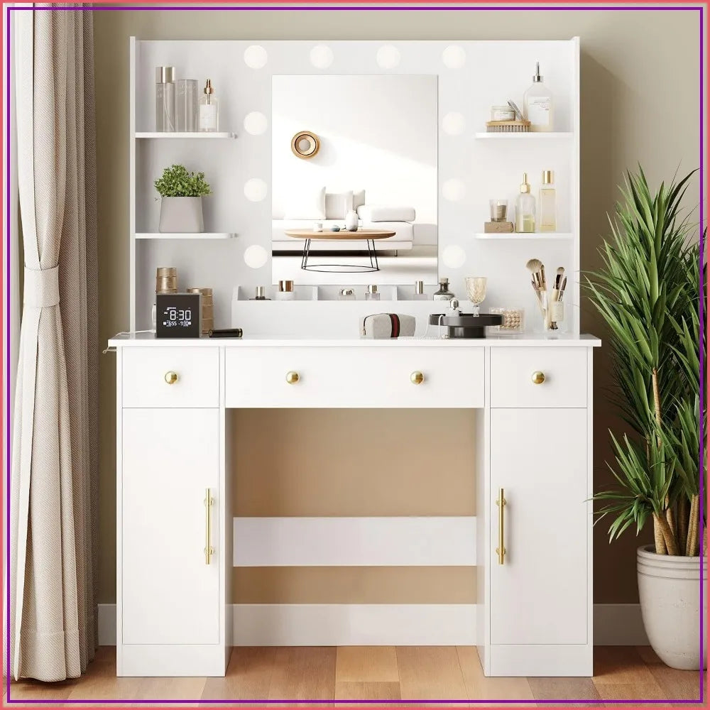 Makeup Vanity Desk with Mirror & Lights, 43" White Dressing Table, 3 Drawers, Power Outlet, RGB LED