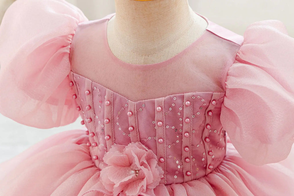 HETISO New Beauty Pageant Dress For Baby Toddler Girl Beading Puff Sleeve Kids Birthday First Christmas Ball Gown 1-4 Years