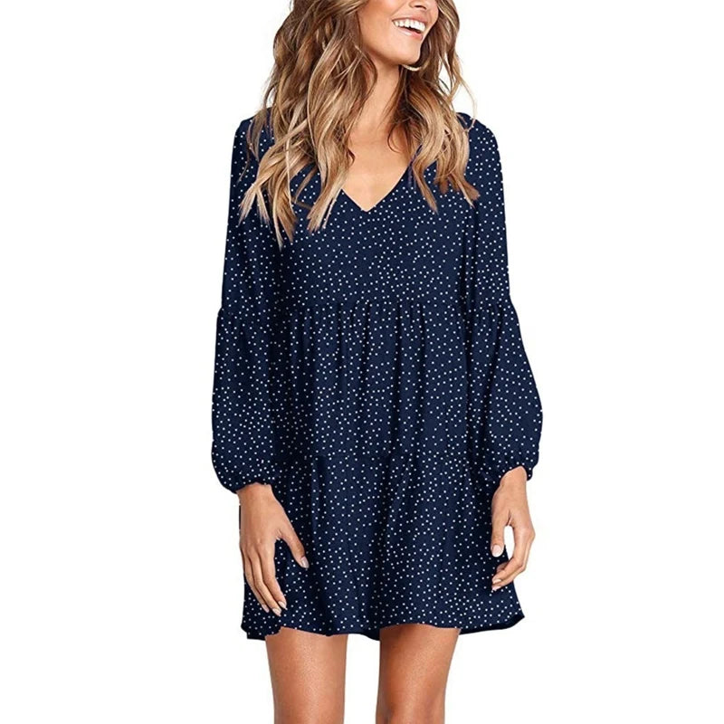 Women Casual Dress Casual V Neck Long Sleeve Loose Fit Ruffle Casual Fashionable High Quality New Arrival Trendy Comfortable
