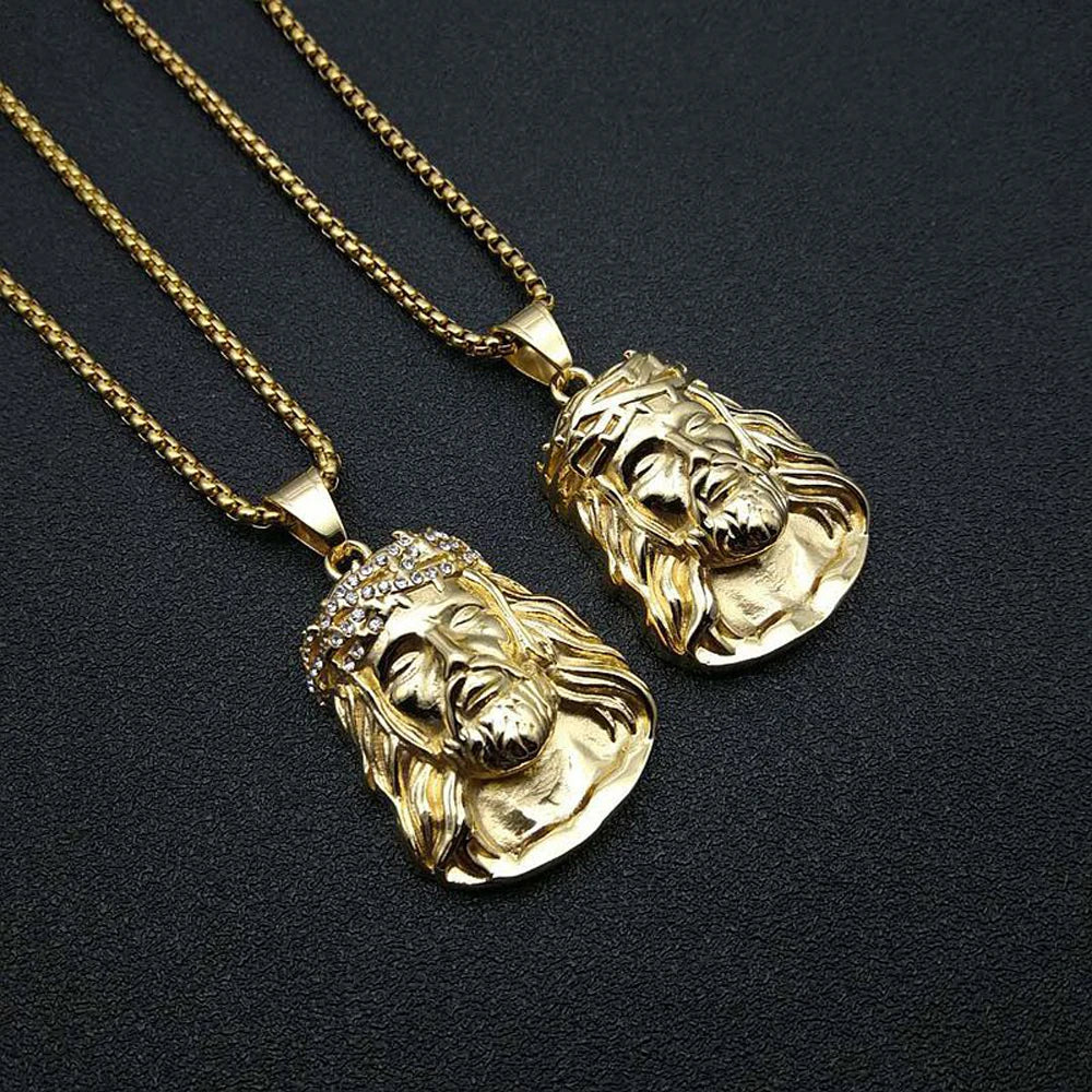 Stainless Steel Titanium God Jesus Human Head Gold Plated Portrait Pendant Necklace with 3mm Chain For Men Women Hip Hop Jewelry
