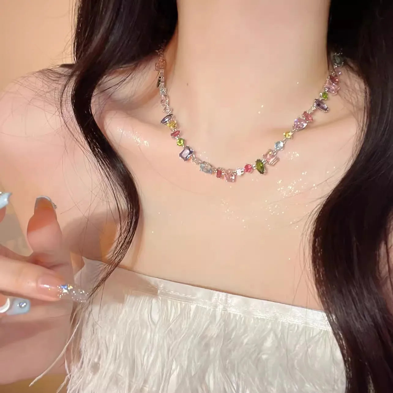 2026 Colorful Crystal Necklace Bracelet Chain Jewelry Set for Women Elegant Clavicle Chain Irregular Zircon Party Gift for Women