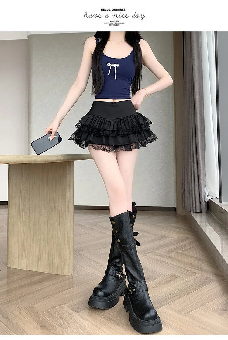 Pure Desire Lace A-Line Mini Skirt High Waist Puffy Sweet Style Short Cake Skirt Cotton Blend Fabric Summer Women's Dress
