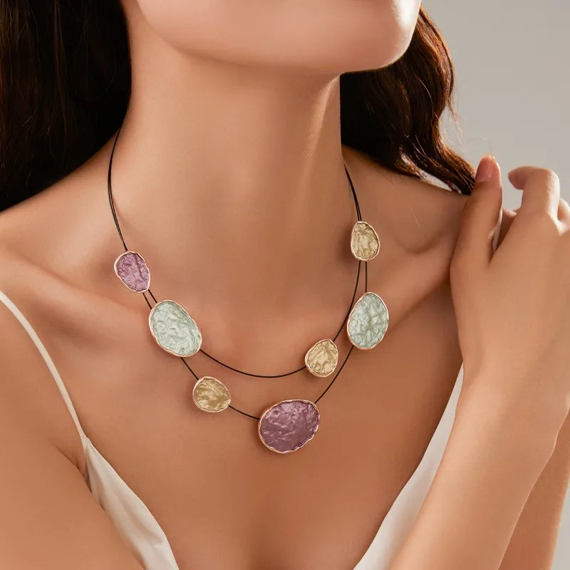 Bohemian Irregular Enamel Necklace Rose Gold Plated Multicolored Disc Double-Layer Necklace Adjustable Chain Jewelry Gift