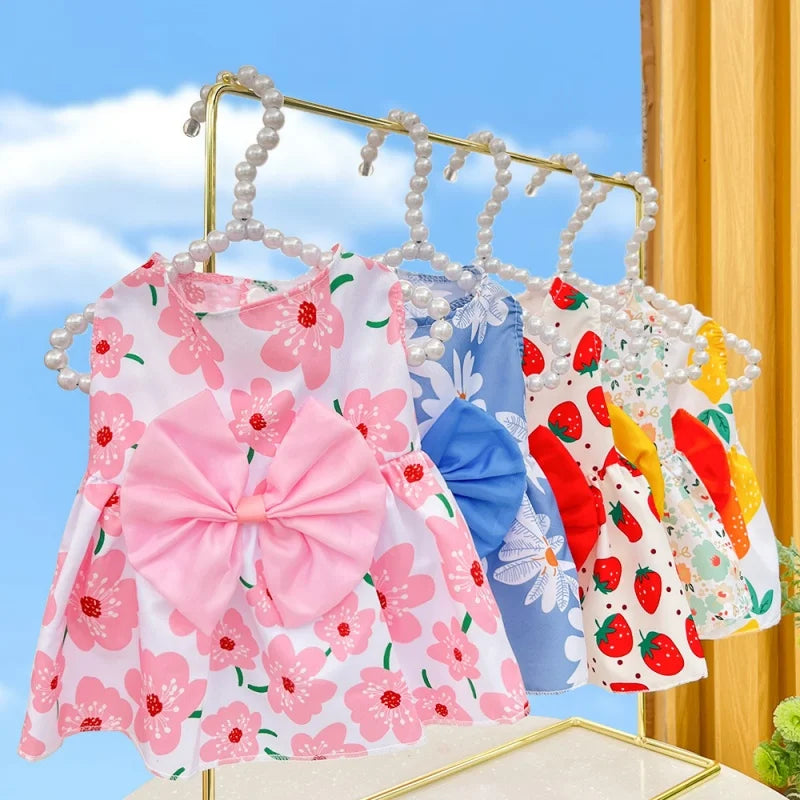 Dog Princess Dress Summer Kitten Pet Skirt Cute Printed Bow Lace Dog Dresses For Small Medium Puppies Poodle Chihuahua Apparel