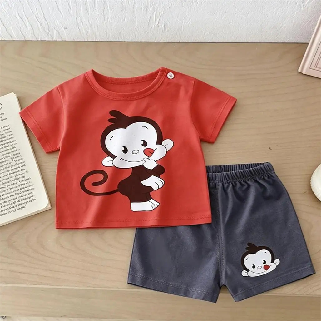 Boys Cartoon Outfit Set 2 Piece Short Sleeve Tee And Shorts Cute Summer Wear For Kids